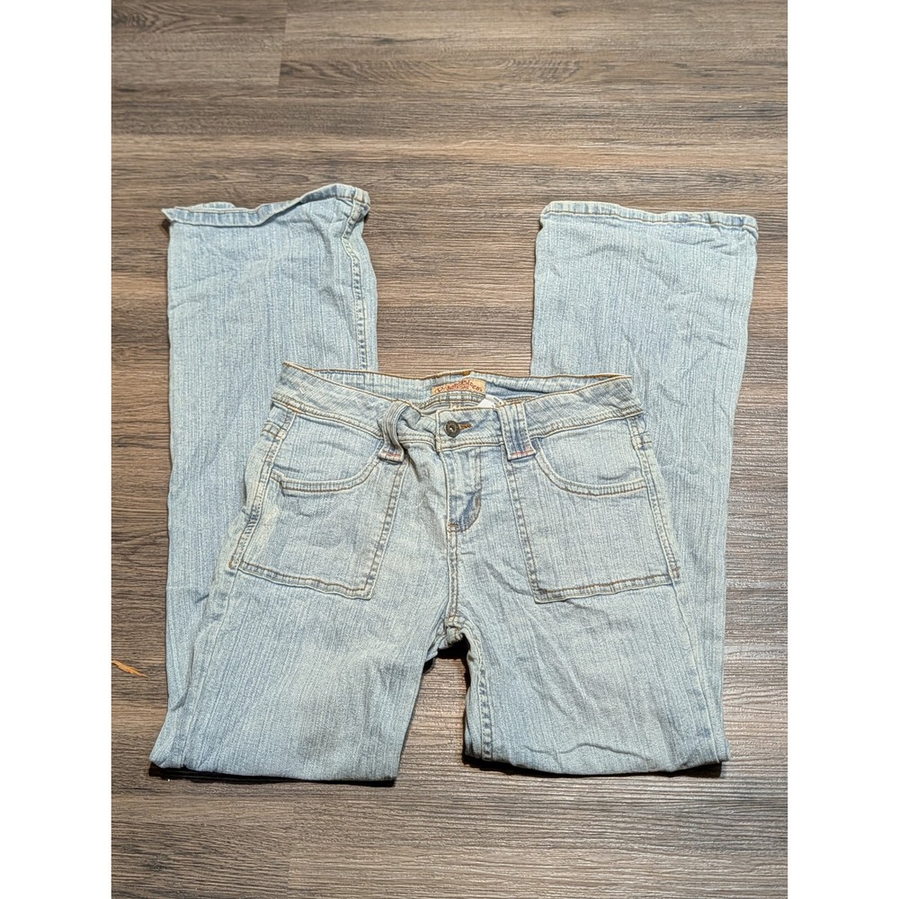 Paris Blues Light Wash Low Rise Flare Jeans Size 7 Y2K Wide Leg Patch Pockets